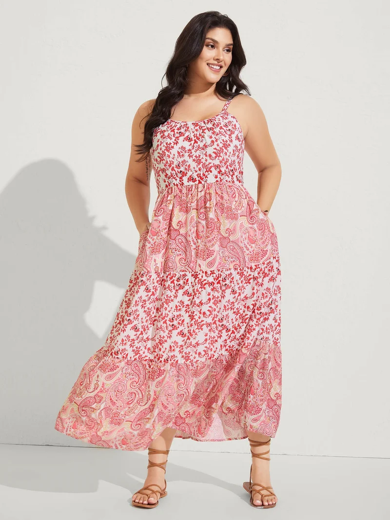 Floral Paisley Print Cami Pockets Midi Dress