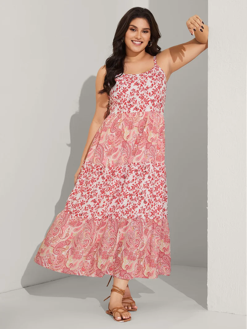 Floral Paisley Print Cami Pockets Midi Dress