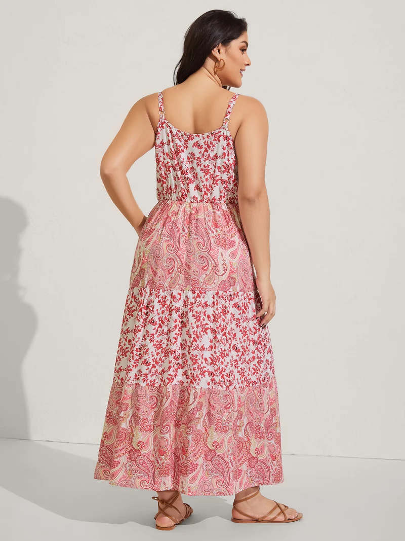 Floral Paisley Print Cami Pockets Midi Dress