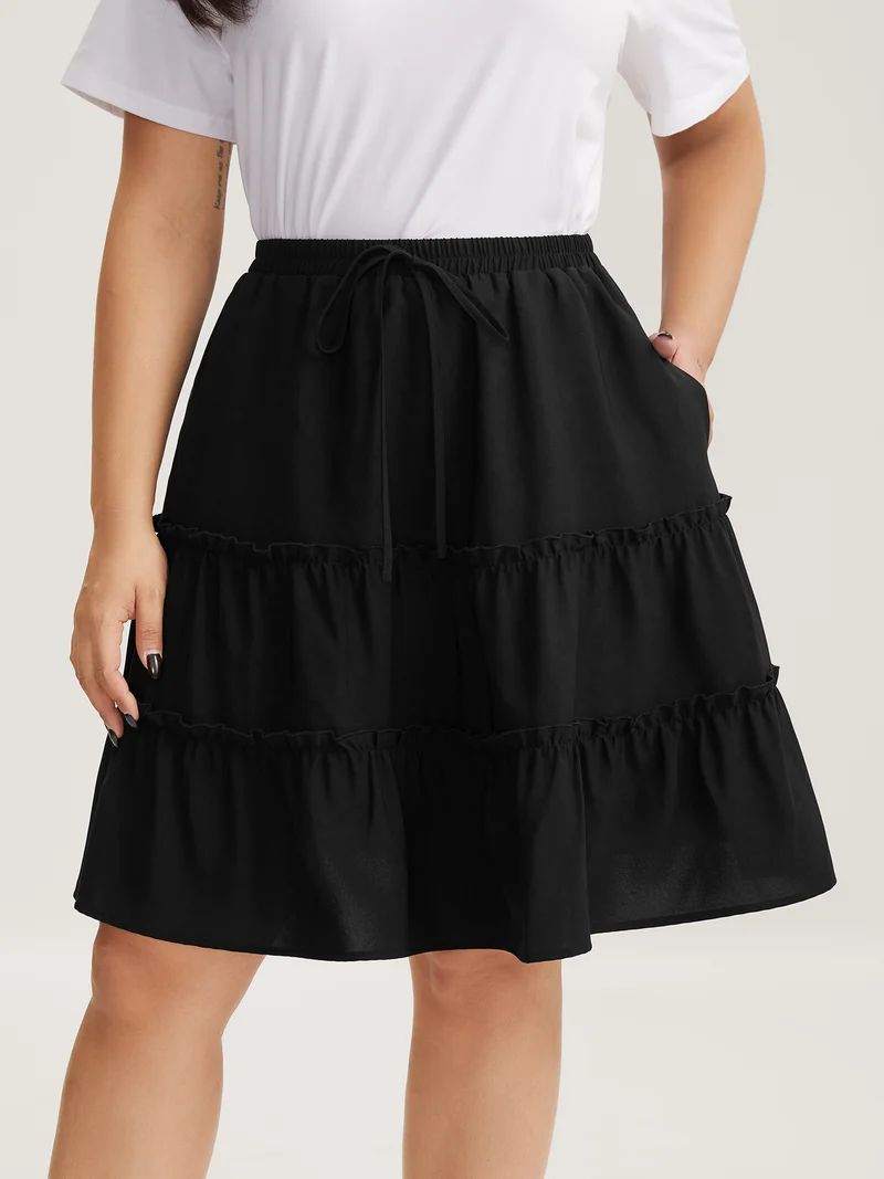 Tiered Waist-Tie A-Line Midi Skirt