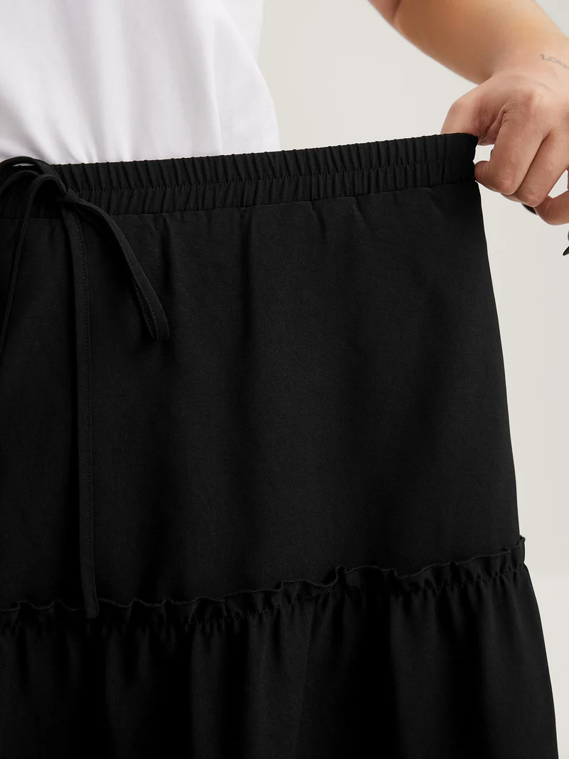 Tiered Waist-Tie A-Line Midi Skirt