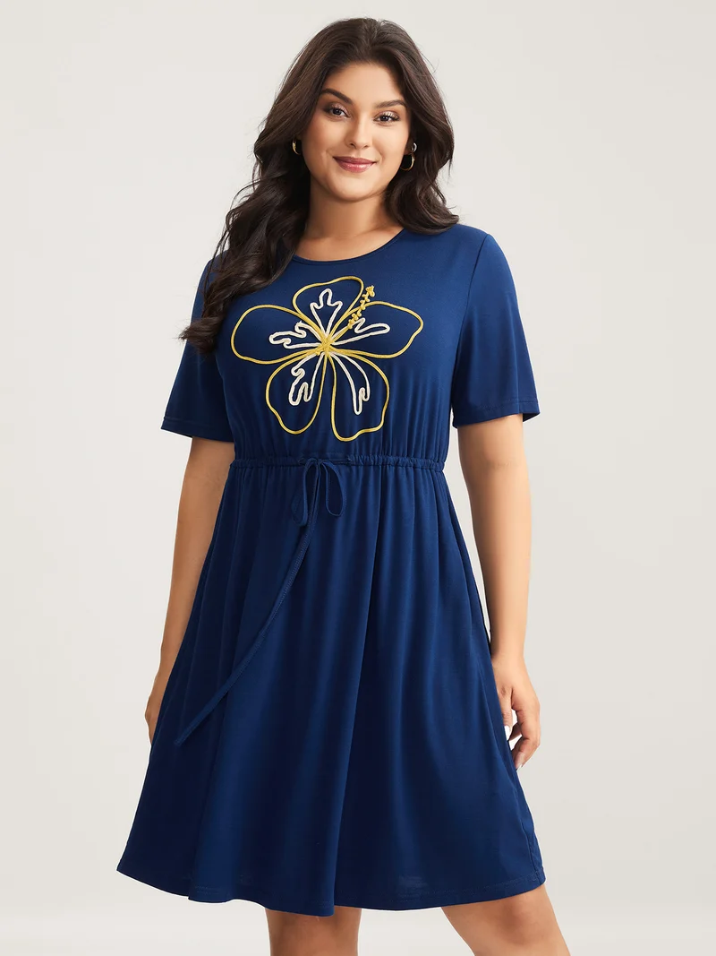 Supersoft Cord Embroidered Drawstring Midi Dress