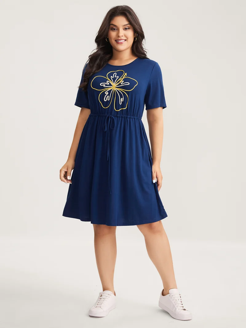 Supersoft Cord Embroidered Drawstring Midi Dress
