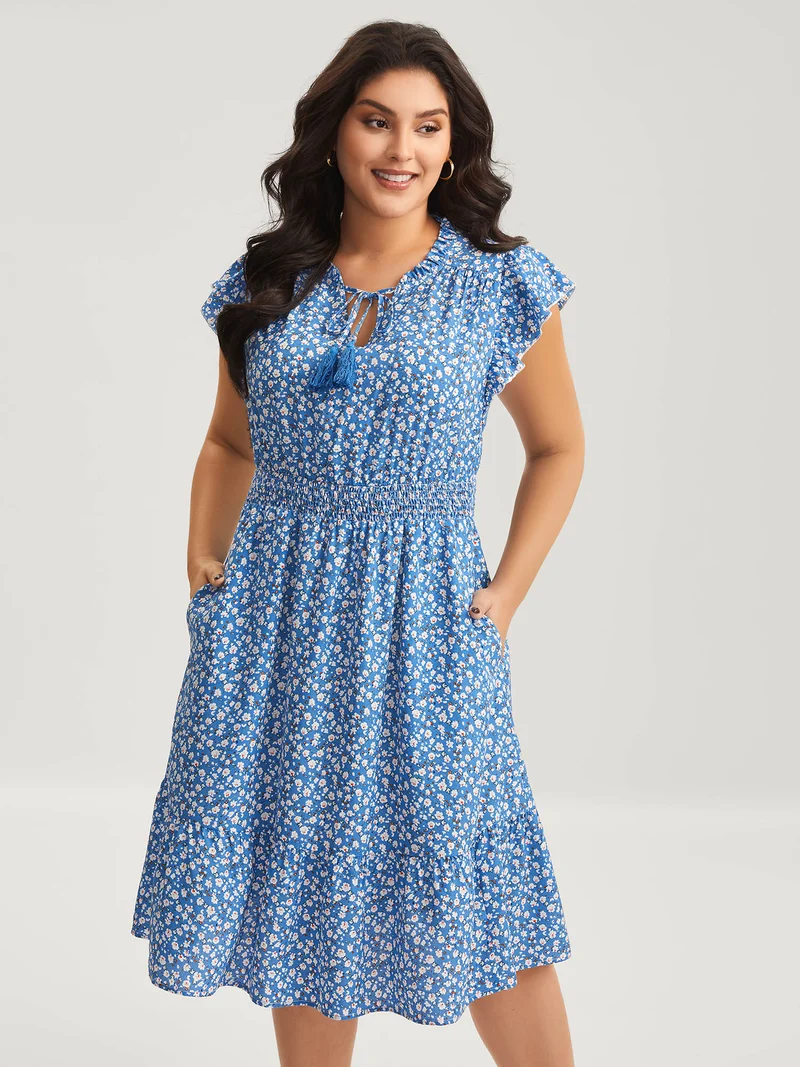Ditsy Floral Print Stretchy Waist Midi Dress