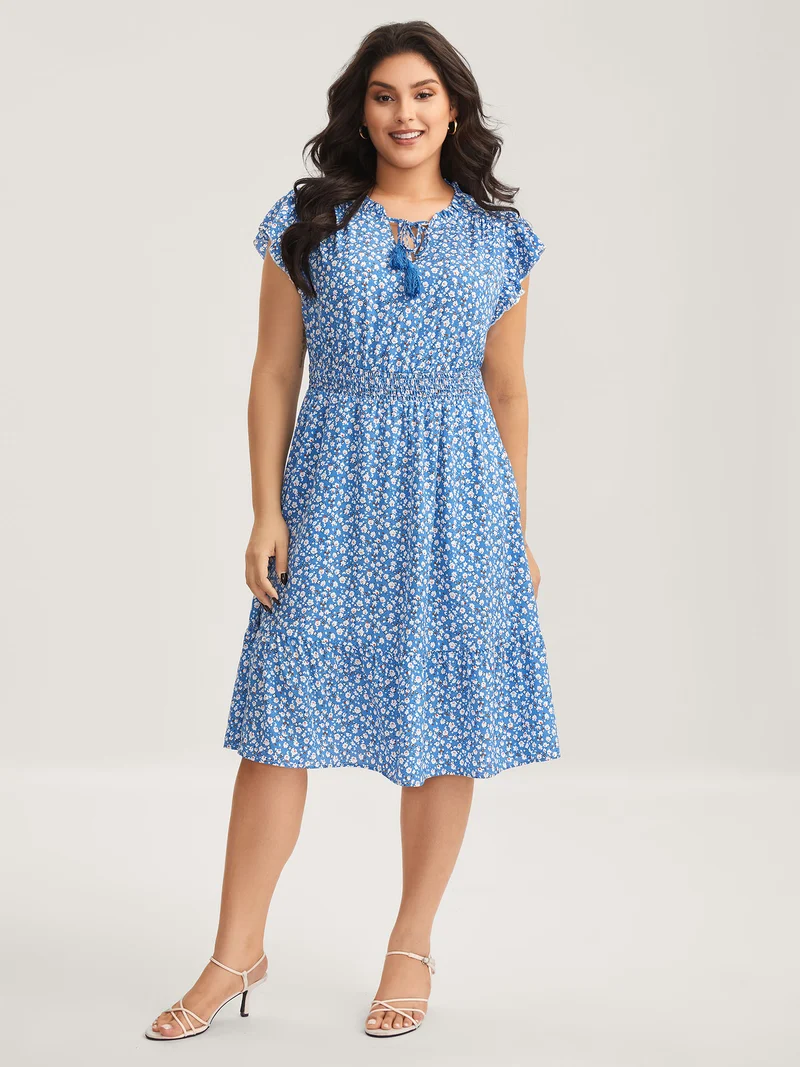 Ditsy Floral Print Stretchy Waist Midi Dress