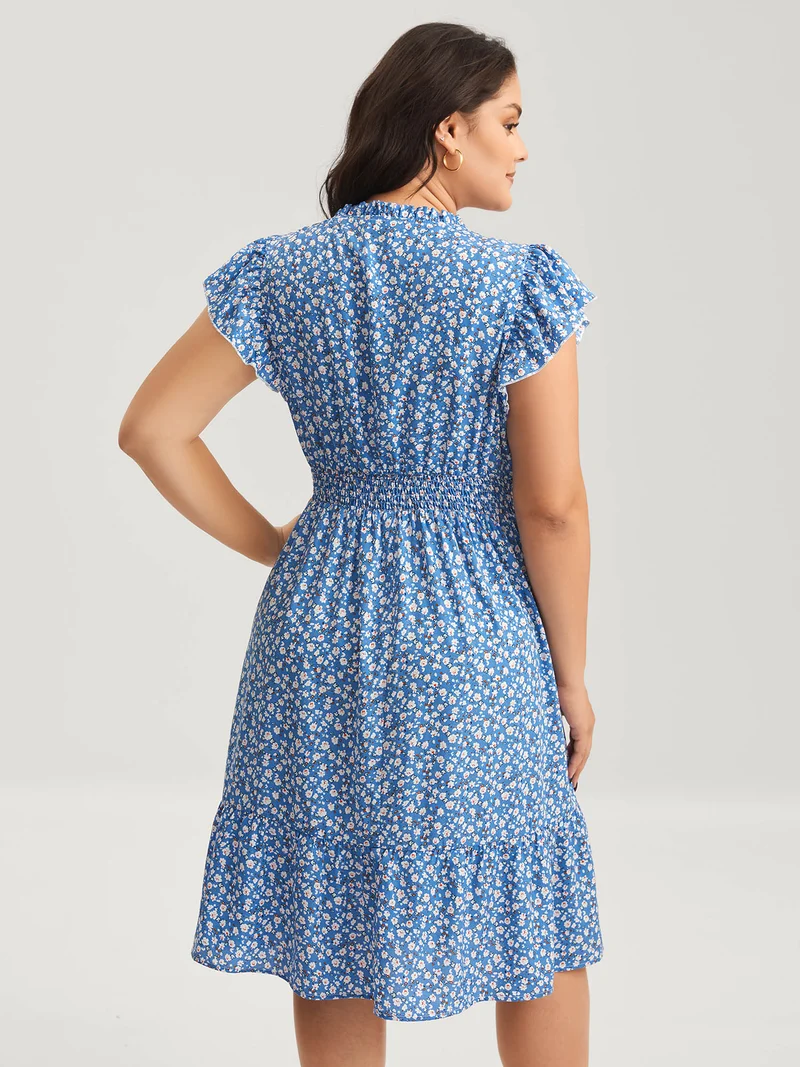 Ditsy Floral Print Stretchy Waist Midi Dress