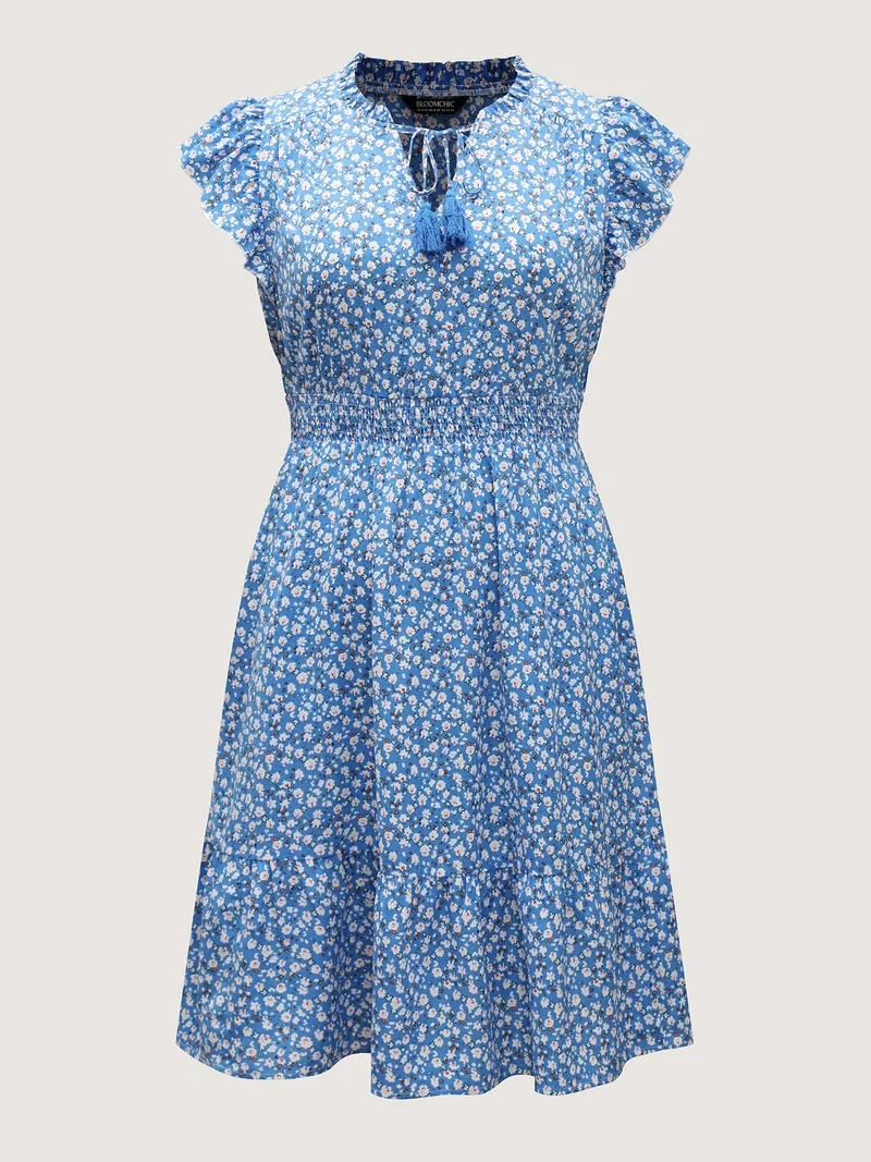 Ditsy Floral Print Stretchy Waist Midi Dress
