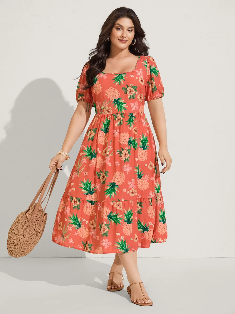 Fruity Floral Print Square Neck Midi Dress
