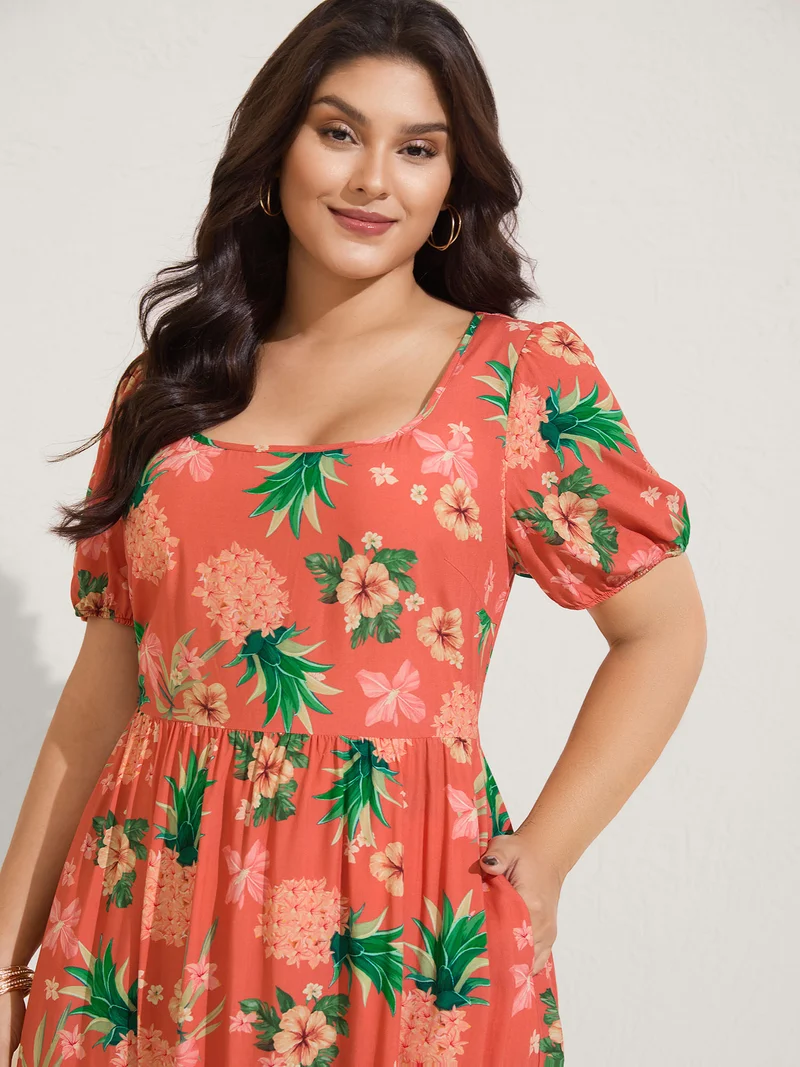 Fruity Floral Print Square Neck Midi Dress
