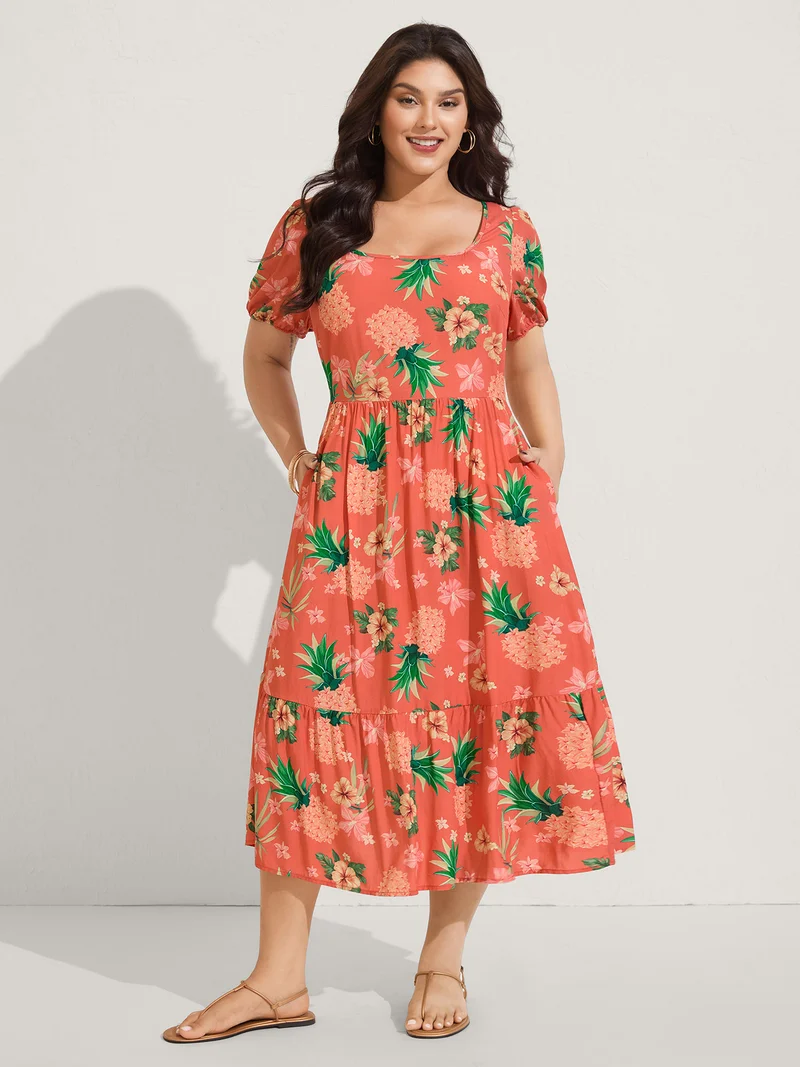 Fruity Floral Print Square Neck Midi Dress