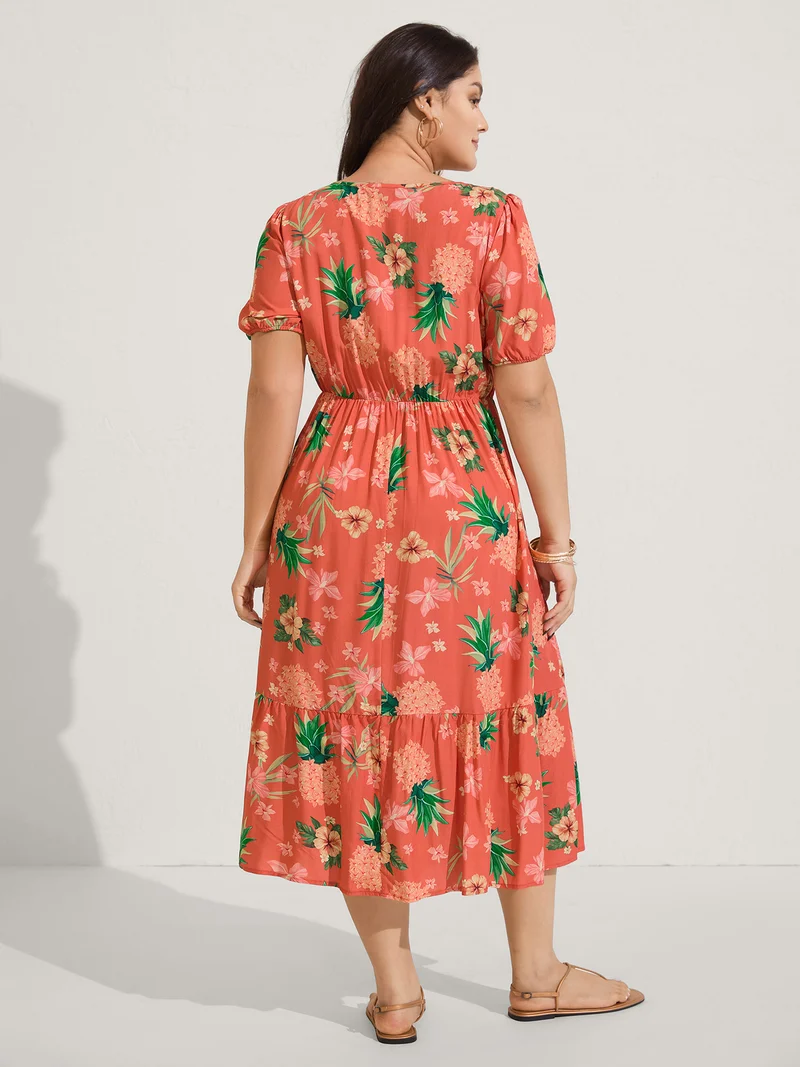 Fruity Floral Print Square Neck Midi Dress