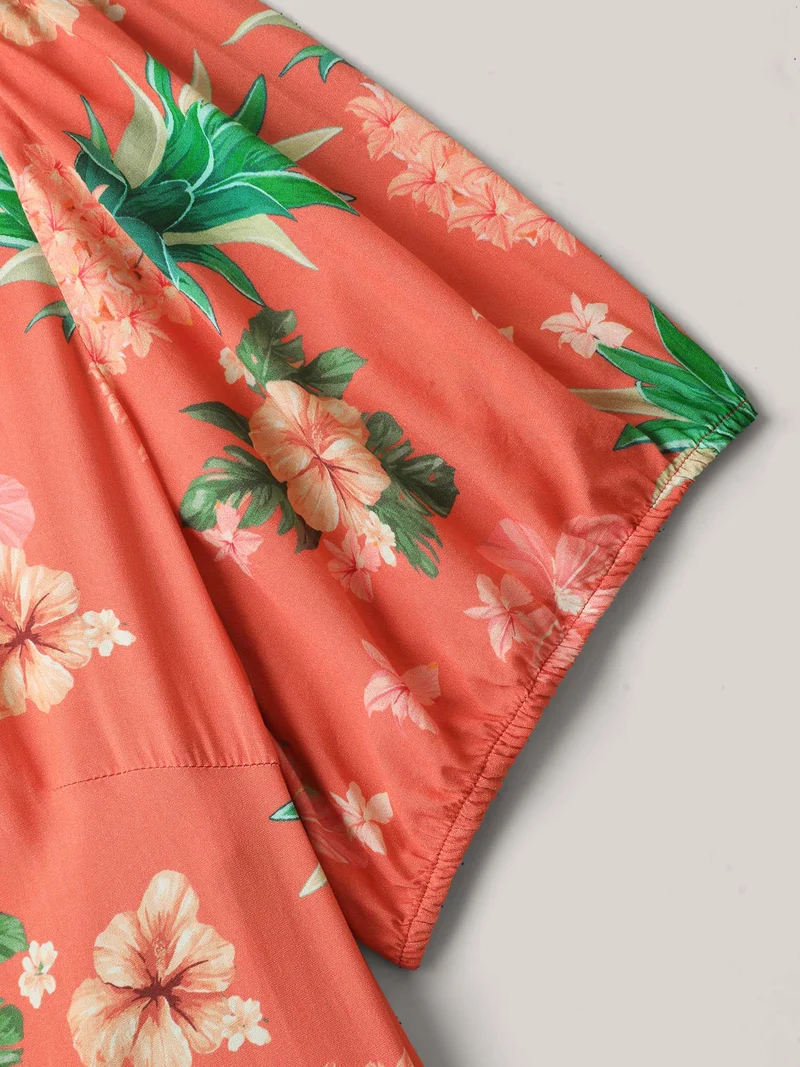 Fruity Floral Print Square Neck Midi Dress