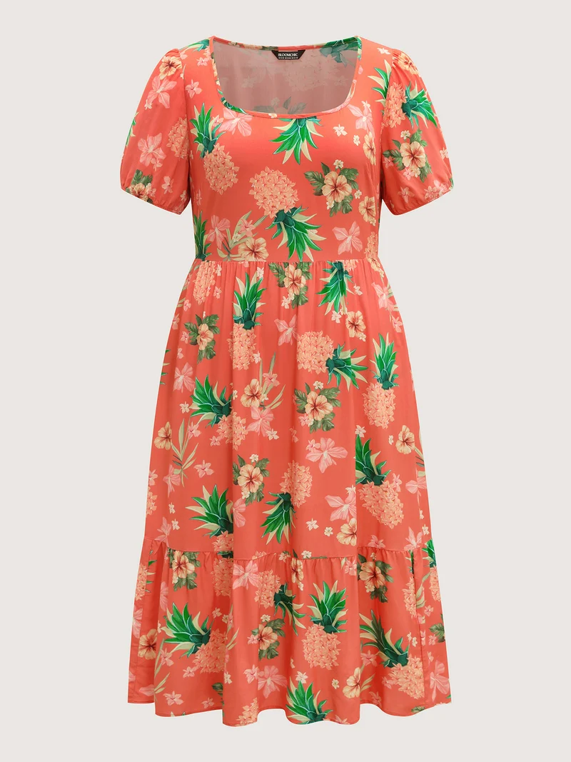 Fruity Floral Print Square Neck Midi Dress