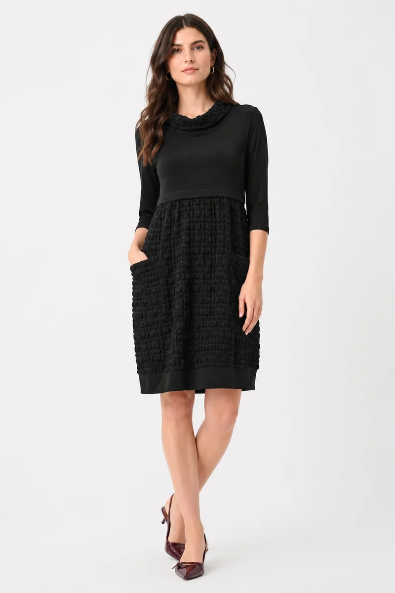 Robe droite bimatière à col drapé