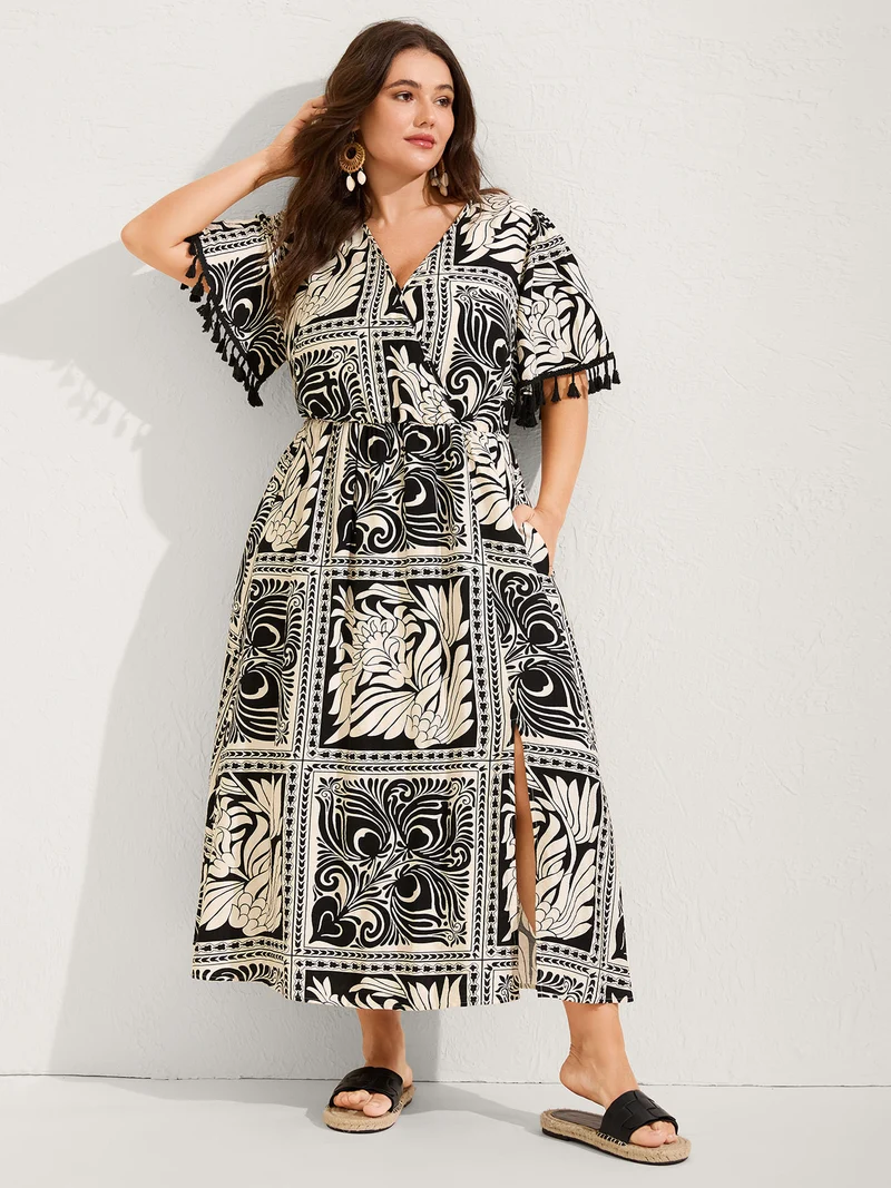 Monochrome Collage Print Tassels Midi Dress