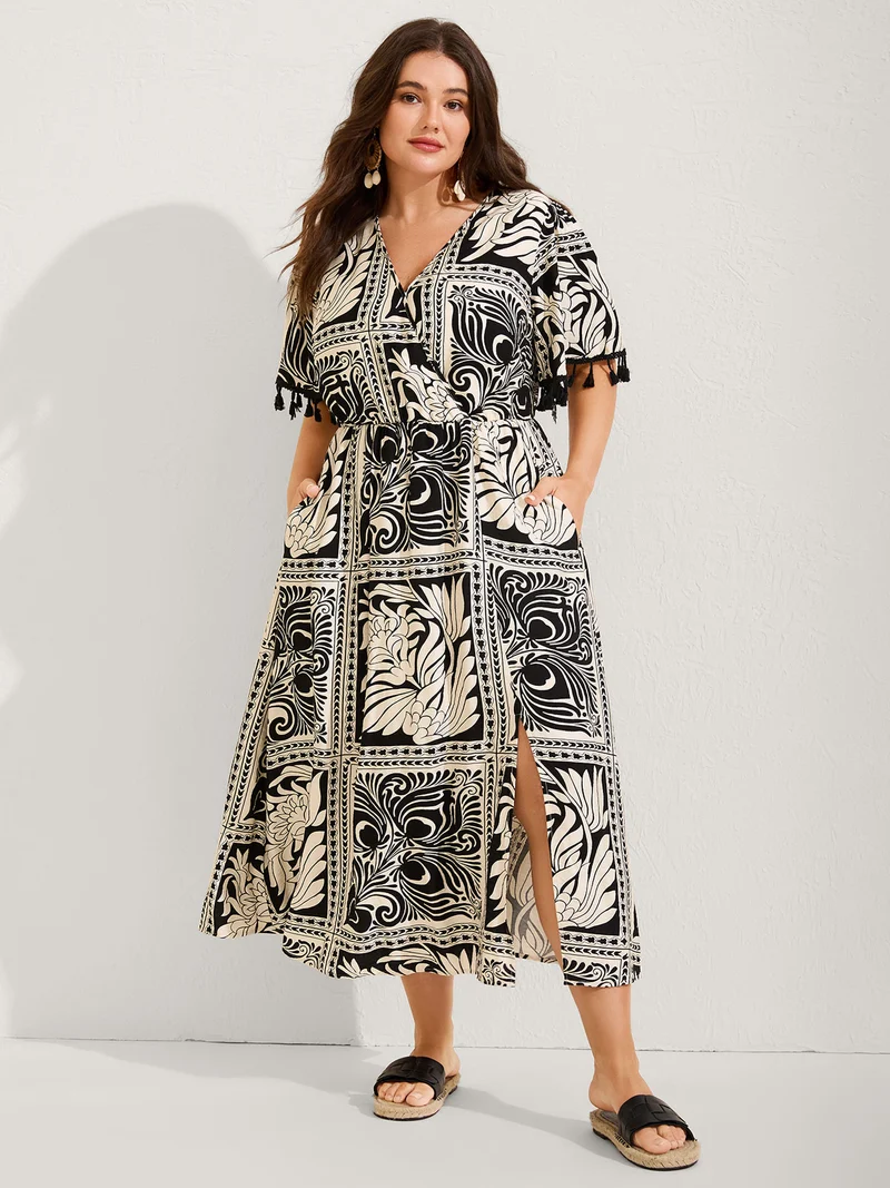 Monochrome Collage Print Tassels Midi Dress
