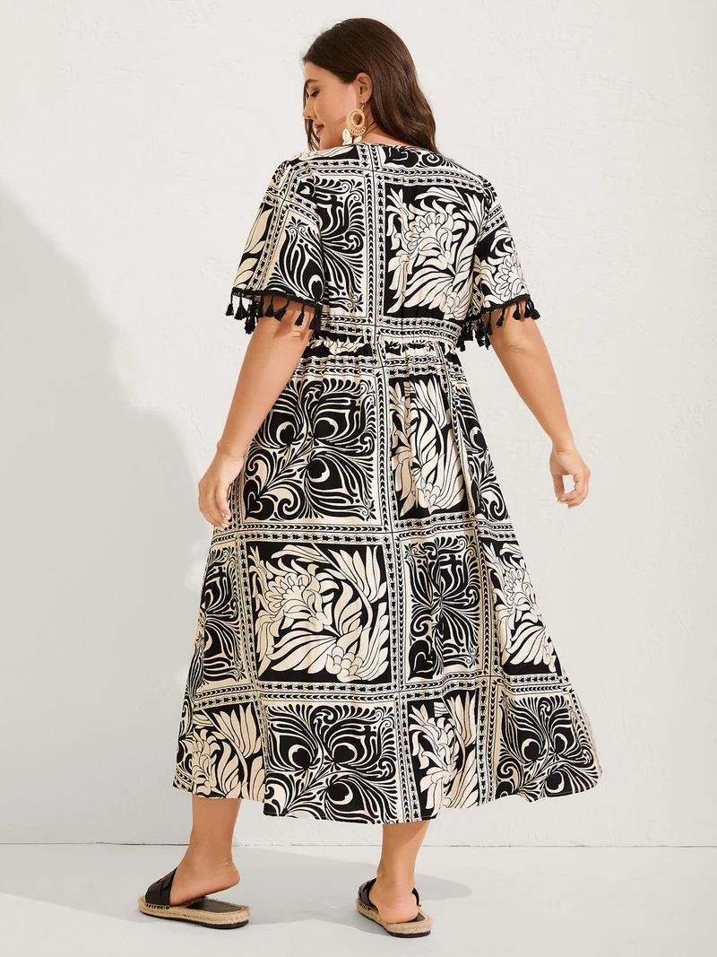Monochrome Collage Print Tassels Midi Dress