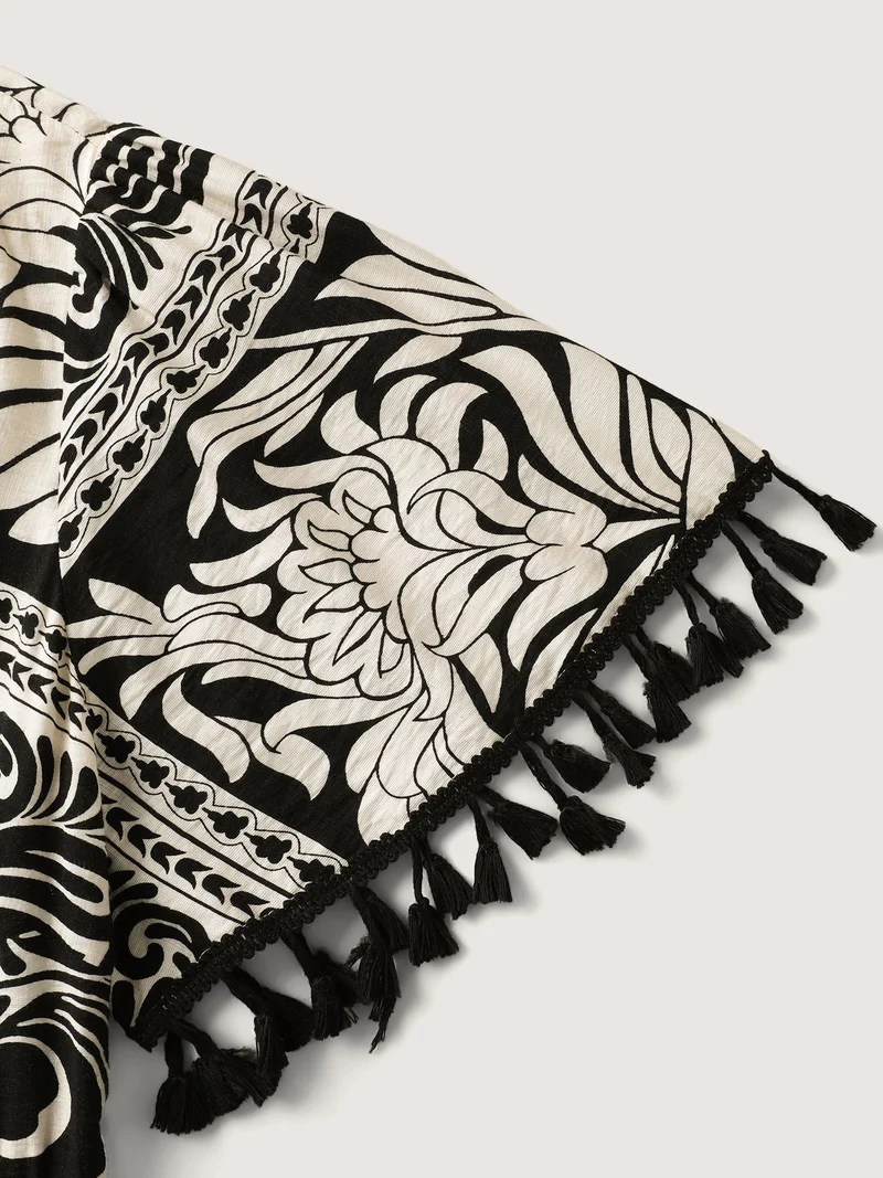 Monochrome Collage Print Tassels Midi Dress
