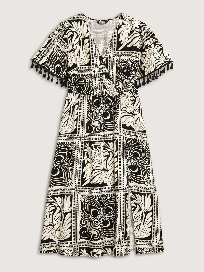 Monochrome Collage Print Tassels Midi Dress