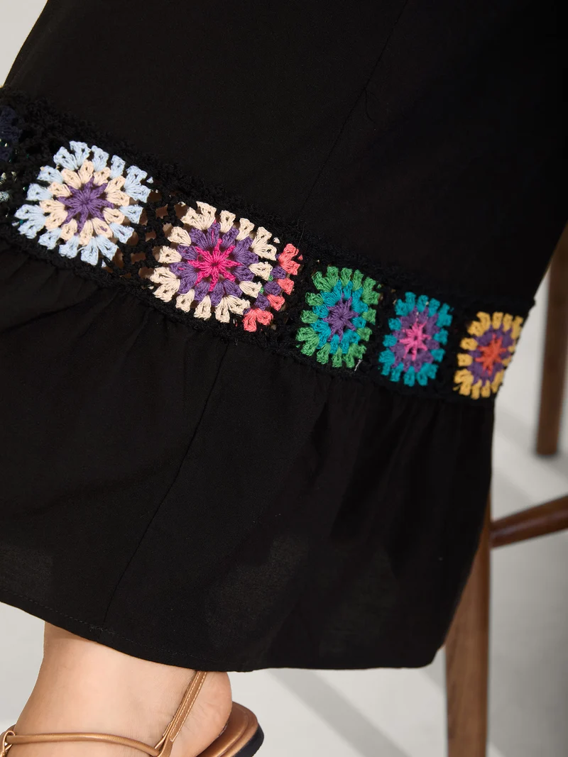 Stretchy Waist Crochet Floral Wide-Leg Pants