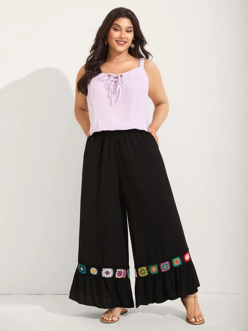 Stretchy Waist Crochet Floral Wide-Leg Pants