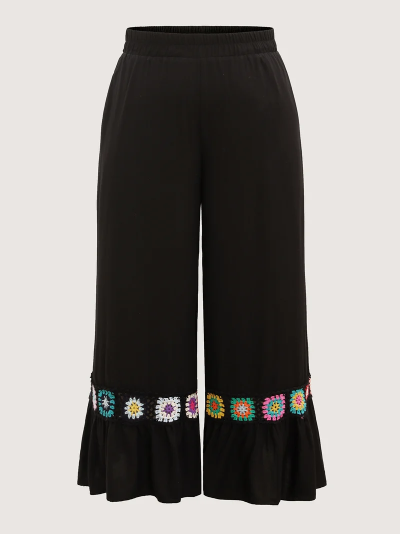 Stretchy Waist Crochet Floral Wide-Leg Pants