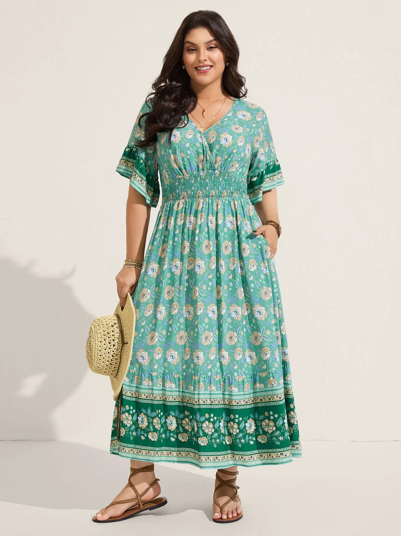 Floral Bell Sleeve Shirred Waist Midi Dress