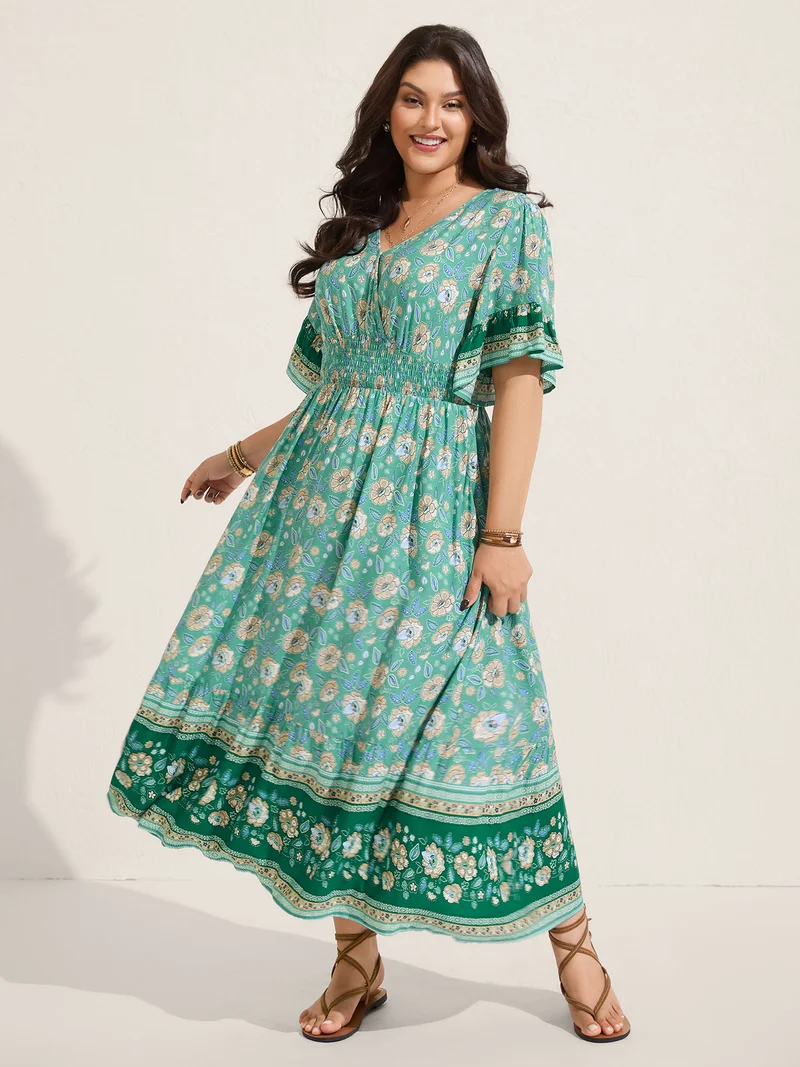 Floral Bell Sleeve Shirred Waist Midi Dress
