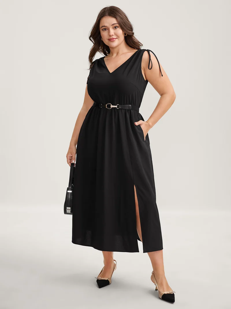 Shoulder Drawstring Slit Solid Midi Dress