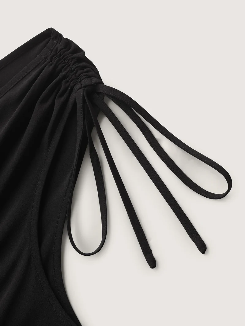 Shoulder Drawstring Slit Solid Midi Dress