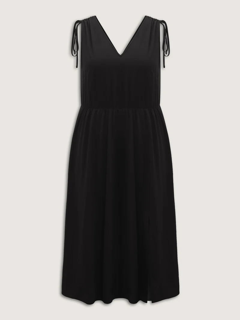 Shoulder Drawstring Slit Solid Midi Dress