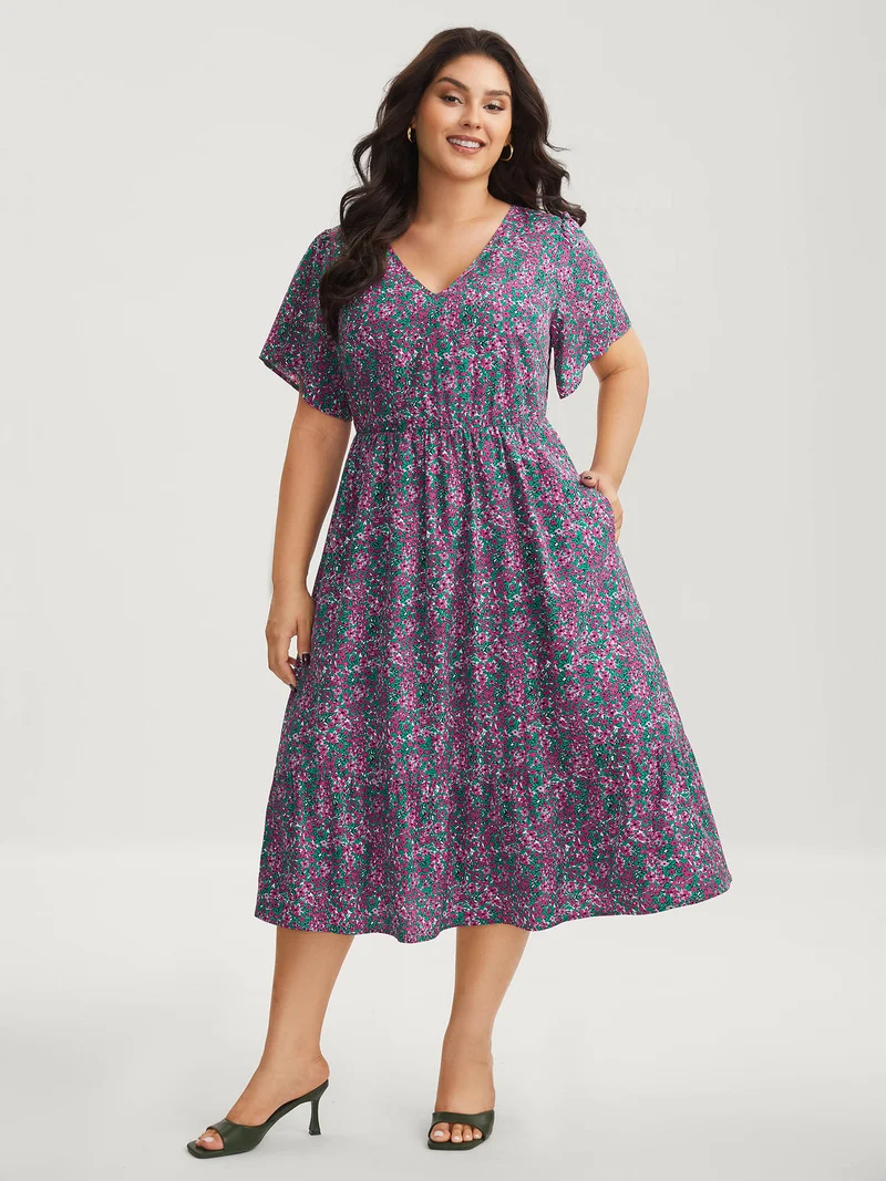 Floral Print V-Neck Tiered Midi Dress