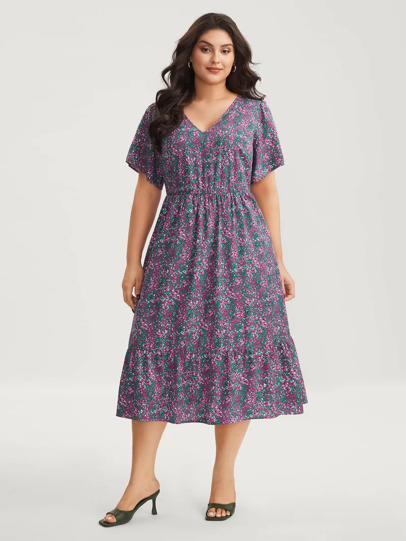 Floral Print V-Neck Tiered Midi Dress