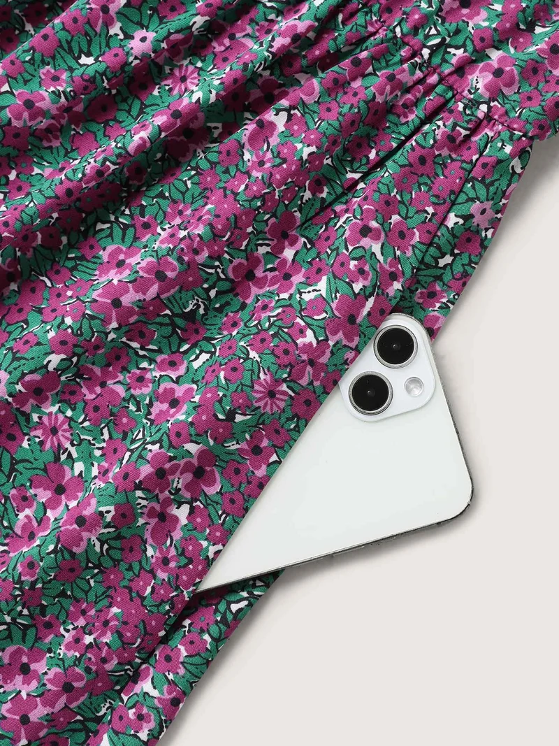 Floral Print V-Neck Tiered Midi Dress