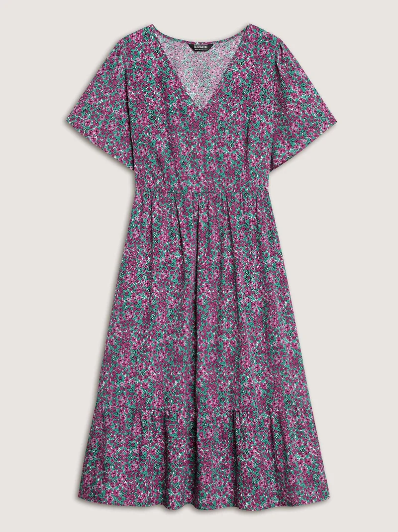 Floral Print V-Neck Tiered Midi Dress