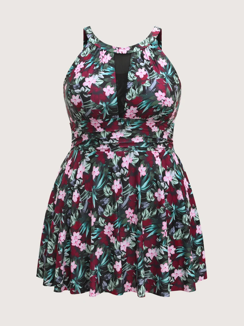 Anti-Float Ties Sheer Tropical Swim Dress