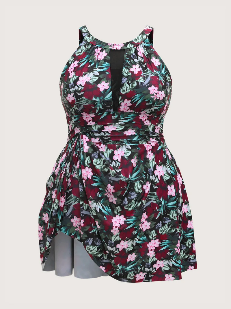 Anti-Float Ties Sheer Tropical Swim Dress
