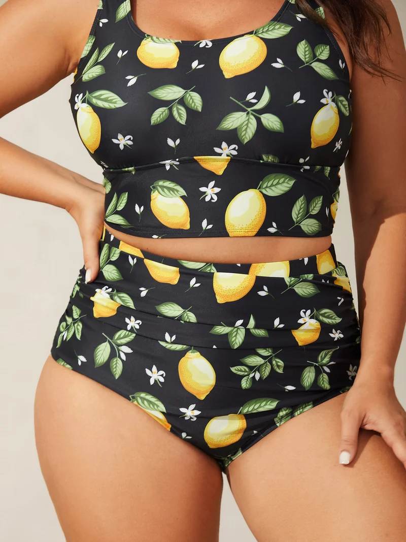 Lemon Print Pleated Tight-Fit Swim Bottoms