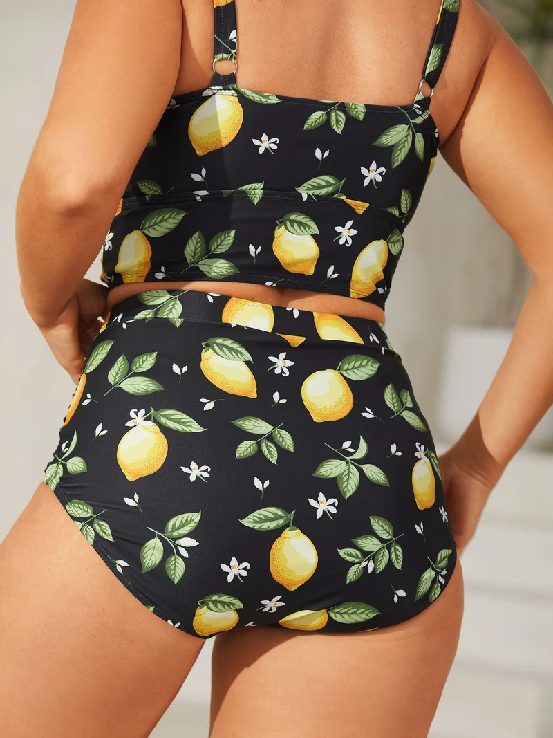 Lemon Print Pleated Tight-Fit Swim Bottoms