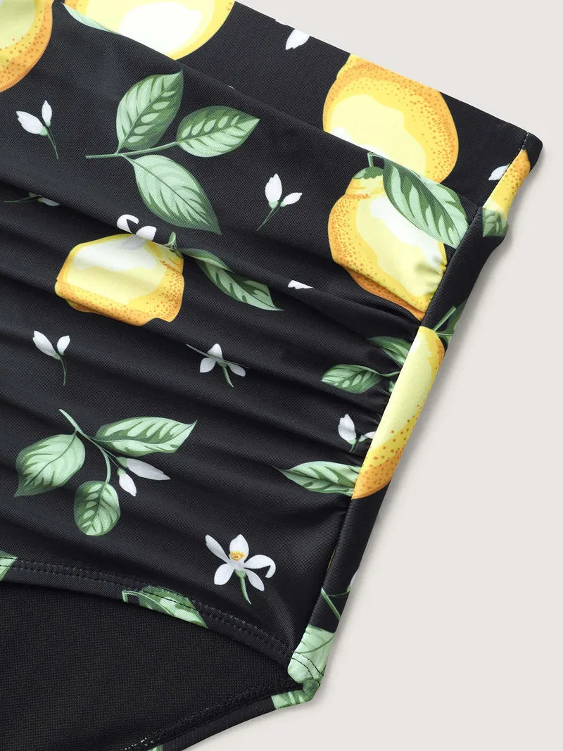 Lemon Print Pleated Tight-Fit Swim Bottoms