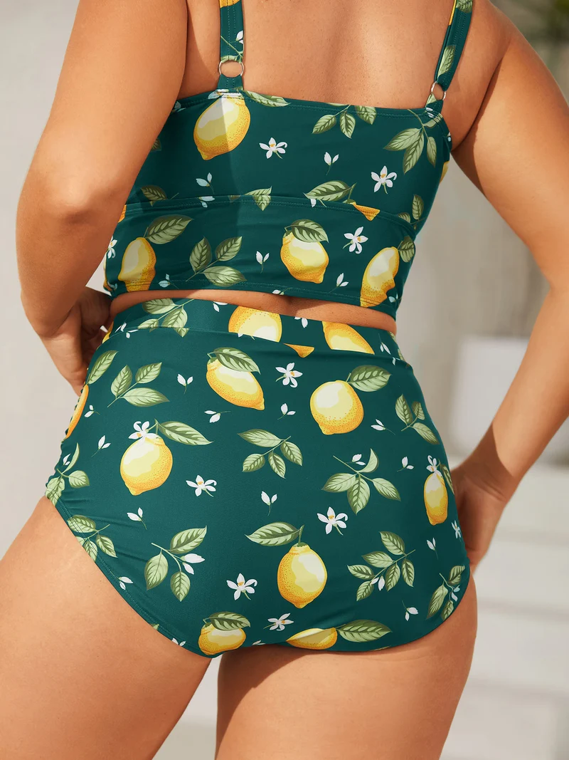 Lemon Print Pleated Tight-Fit Swim Bottoms
