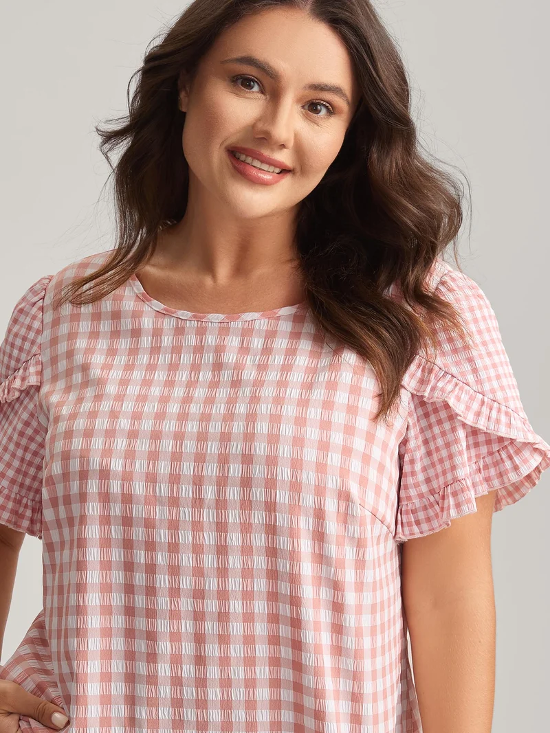 Sweet Gingham Wrinkled Petal Sleeve Blouse