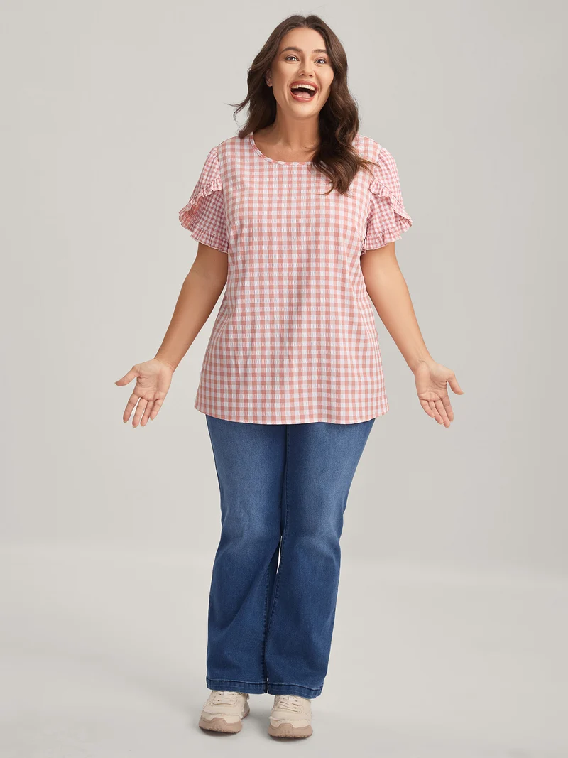 Sweet Gingham Wrinkled Petal Sleeve Blouse