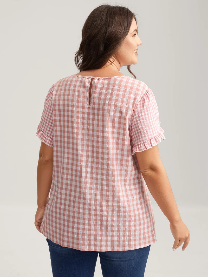 Sweet Gingham Wrinkled Petal Sleeve Blouse