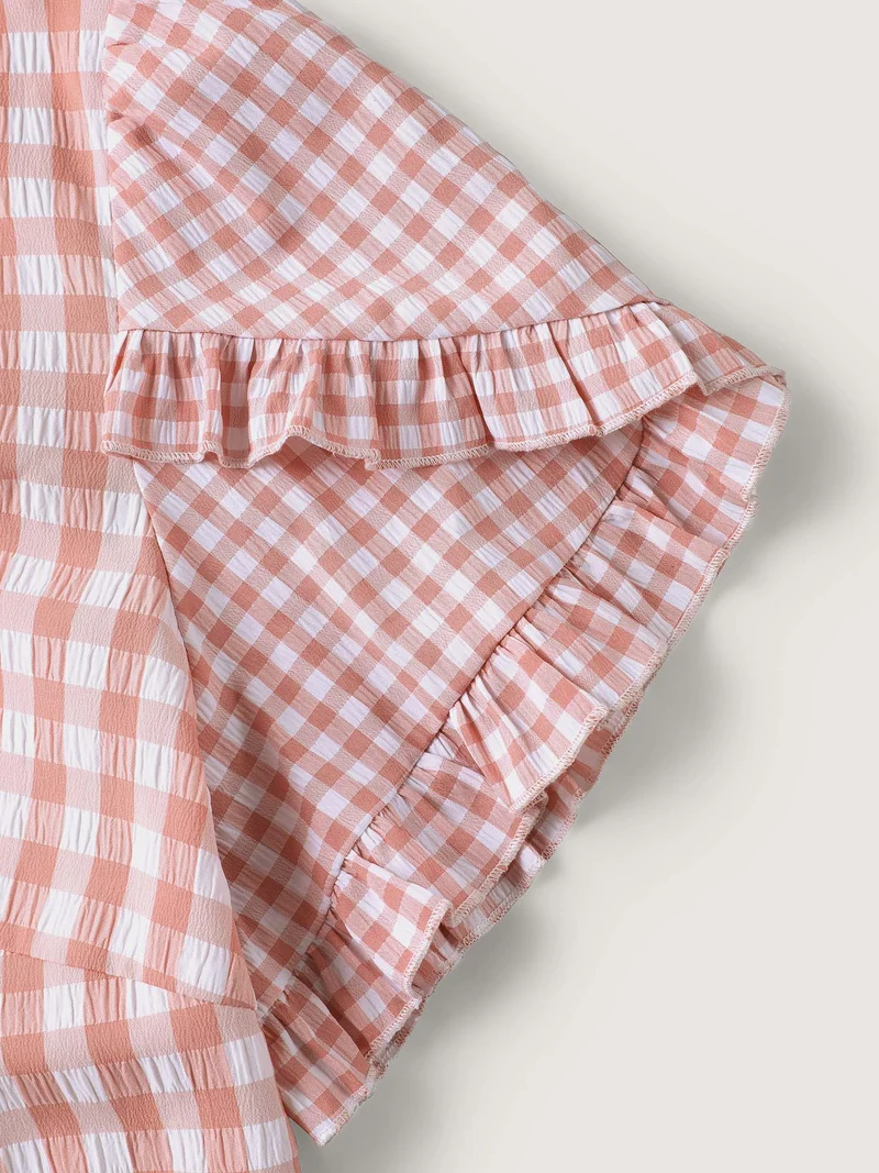 Sweet Gingham Wrinkled Petal Sleeve Blouse