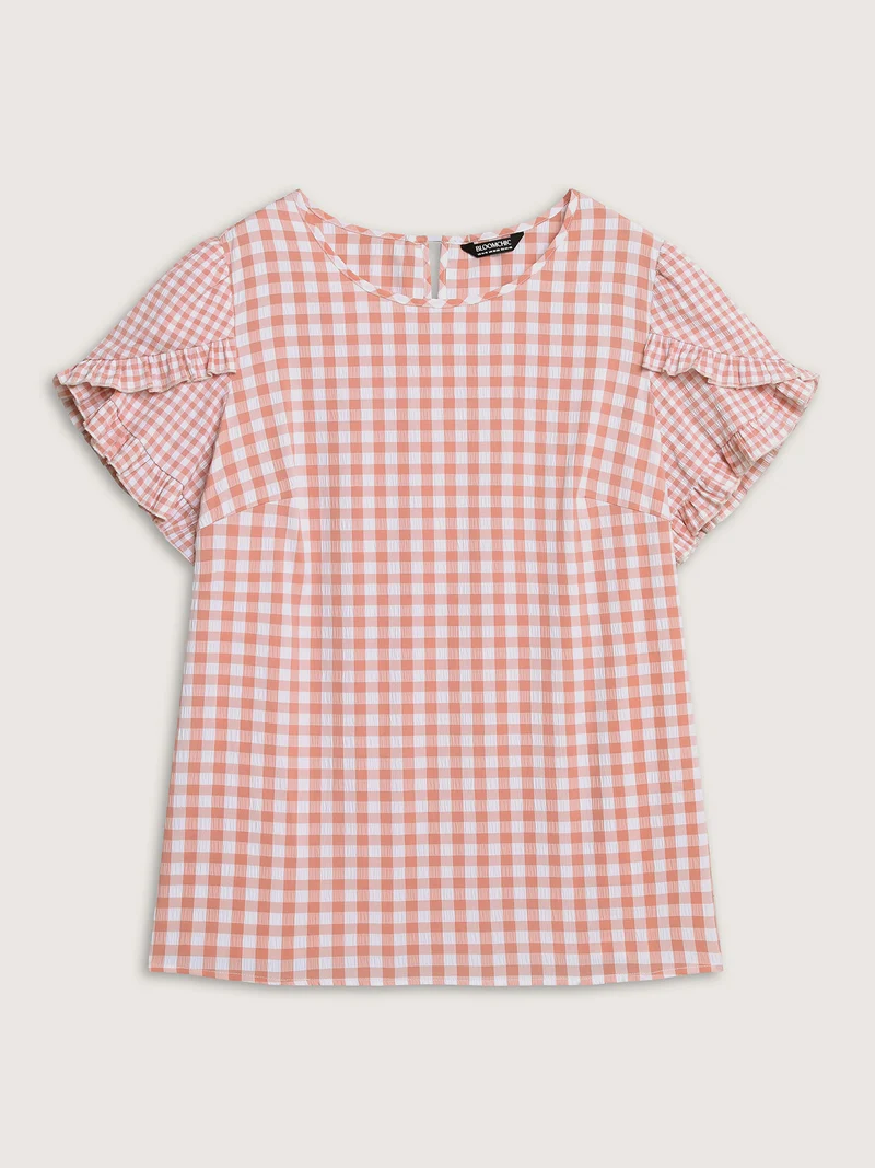 Sweet Gingham Wrinkled Petal Sleeve Blouse