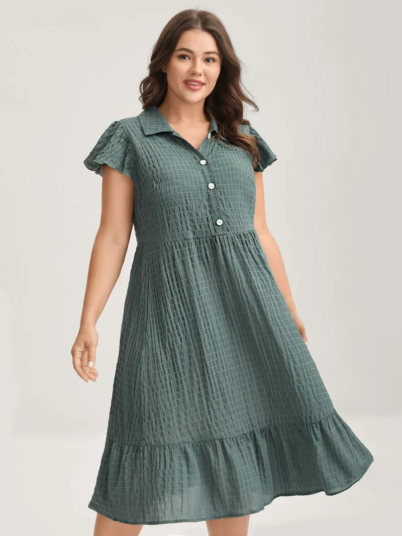 Textured Pockets Collar Flutter Sleeve Midi Dress