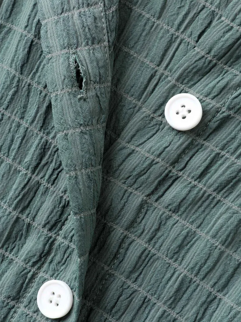 Textured Pockets Collar Flutter Sleeve Midi Dress