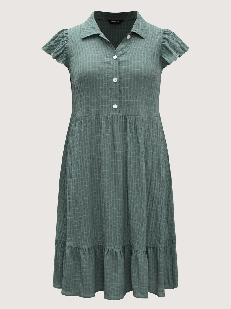 Textured Pockets Collar Flutter Sleeve Midi Dress