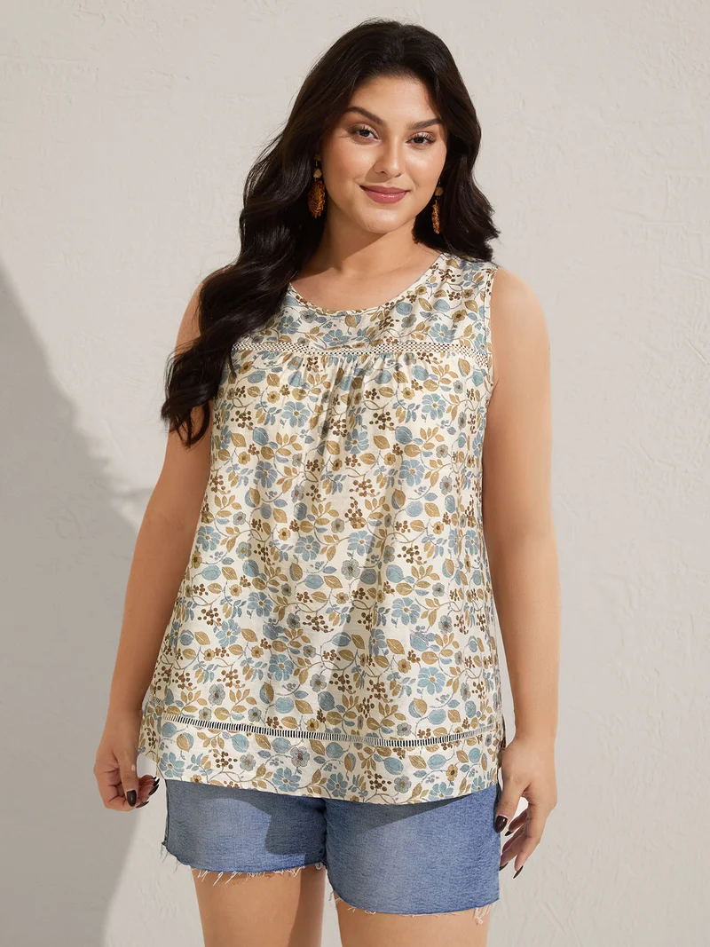 Lace Trim Spliced Floral Print Tank Top